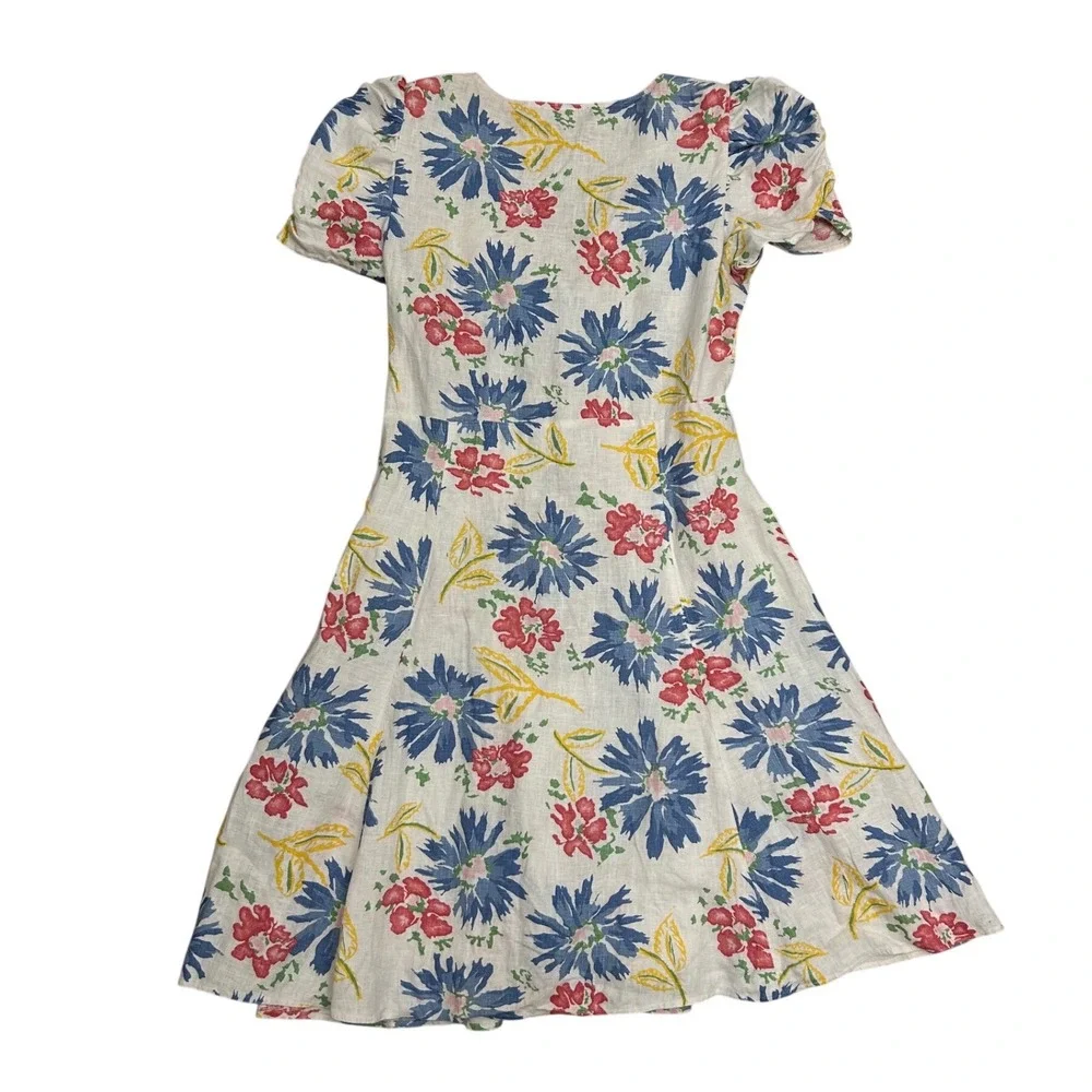Polo Ralph Lauren Floral Linen Button Front Puff Sleeve Dress White Blue 6 - Picture 4 of 8